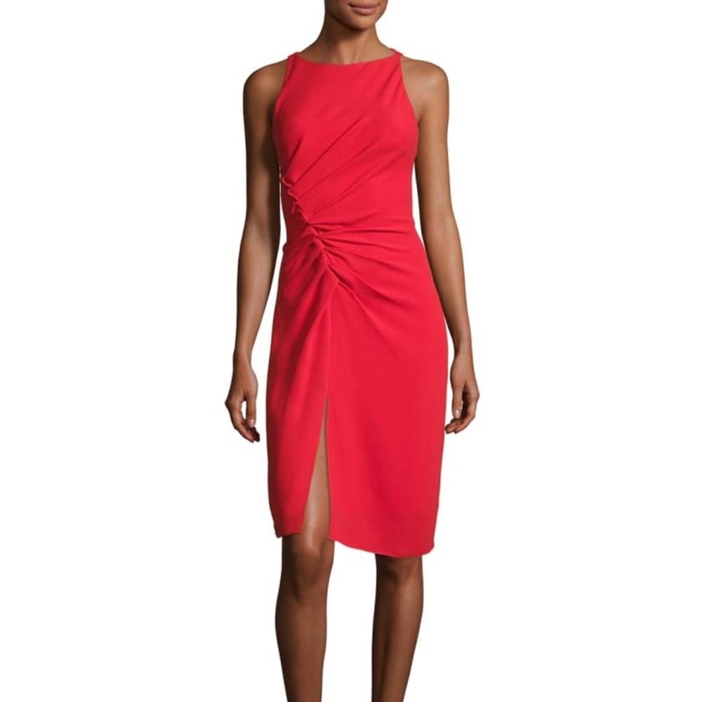 Halston Sleeveless Boat-Neck Crepe Cocktail Dress w/ Gathering